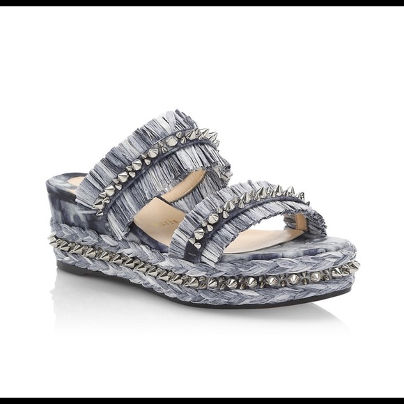 Christian Louboutin Spiked Denim Espadrille Mules - Picture 2 of 16